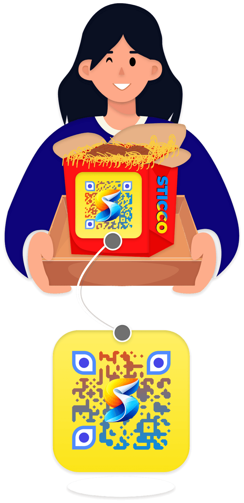 Femme tenant une boîte repas STICCO avec QR code
